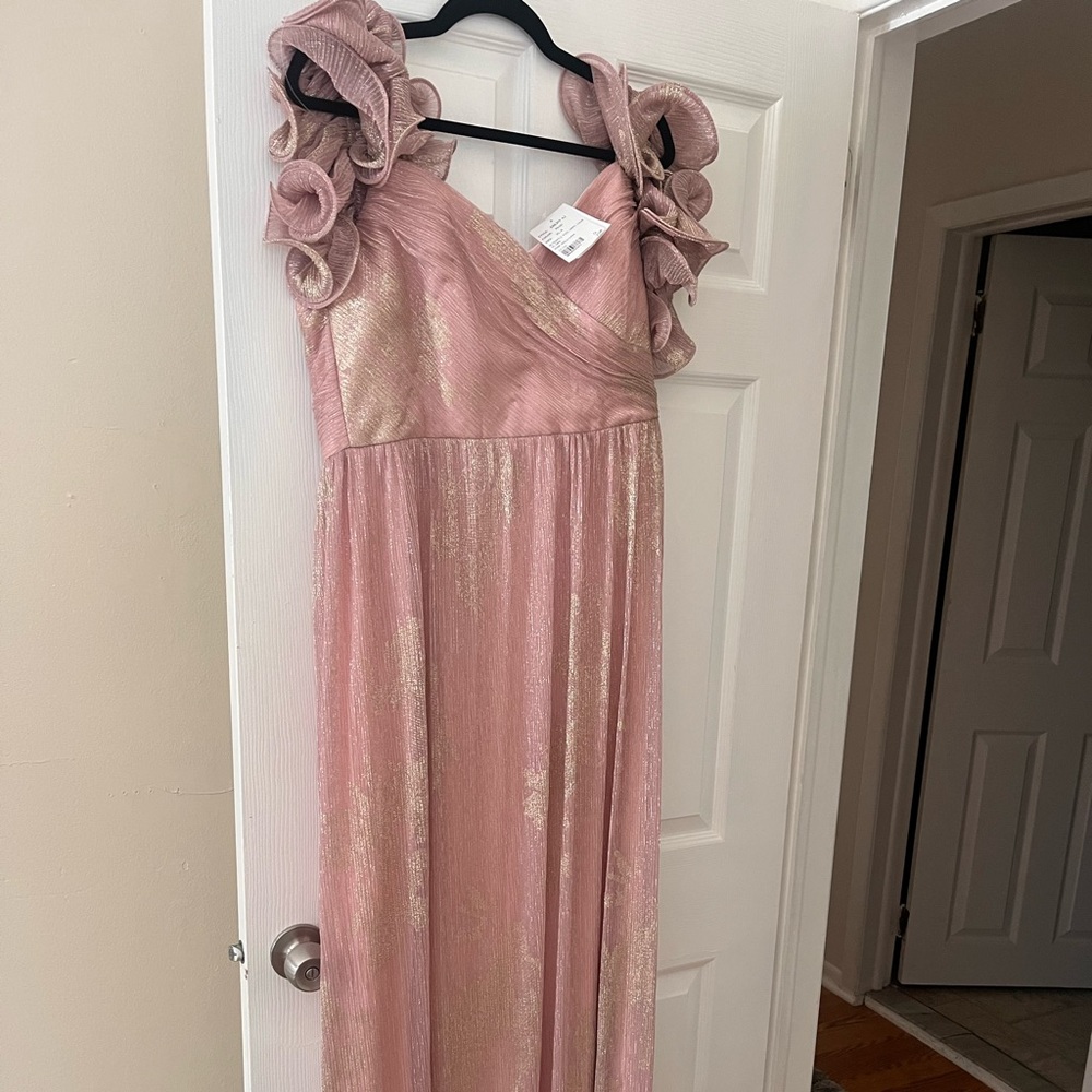 After Six Rose Gold Metallic Ruffle-Shoulder Prom Dress